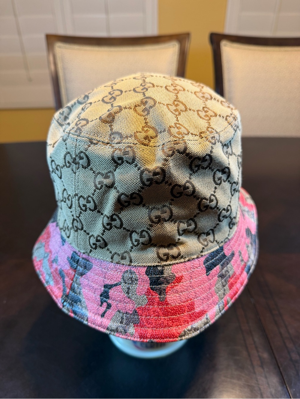 New Authentic Gucci GG Supreme Logo Pink Camo Bucket Hat Tan Size XL - Picture 10 of 16